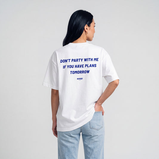 Don't party with me oversized tee, worn by model, back